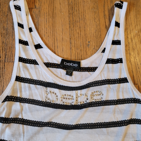 Bebe Rhinestone White Tank Top Navy Blue Stripes Stretchy 2% Spandex - Picture 2 of 3